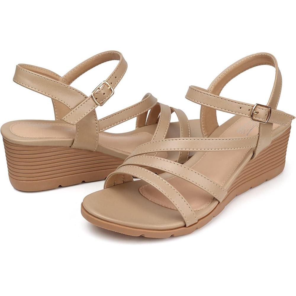 imageSHIBEVER Wedge Sandals for Women Dressy Summer Low Wedges Womens Comfortable Open Toe Sandal54 Apricot