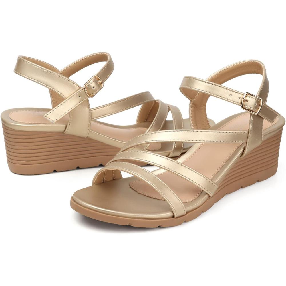 imageSHIBEVER Wedge Sandals for Women Dressy Summer Low Wedges Womens Comfortable Open Toe Sandal54 Champagne
