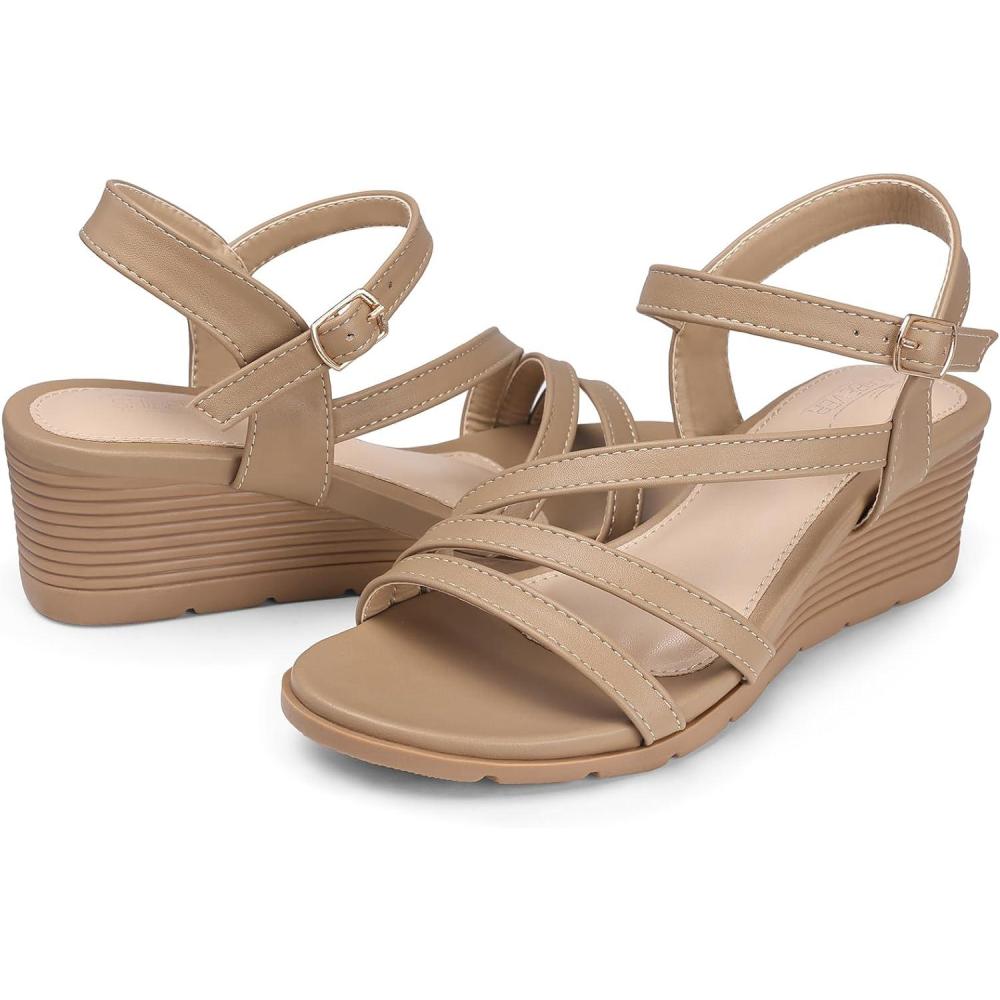 imageSHIBEVER Wedge Sandals for Women Dressy Summer Low Wedges Womens Comfortable Open Toe Sandal54 Khaki