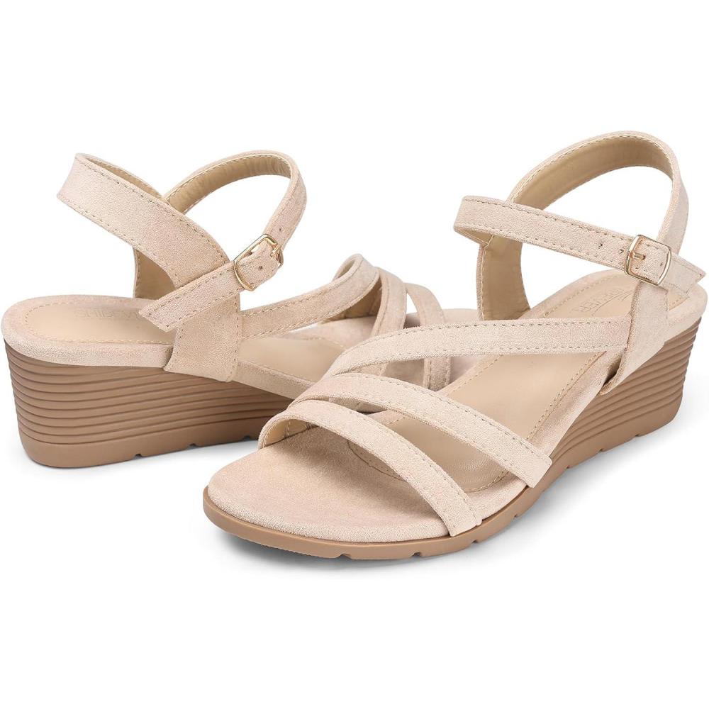 imageSHIBEVER Wedge Sandals for Women Dressy Summer Low Wedges Womens Comfortable Open Toe Sandal54 NudeSuede