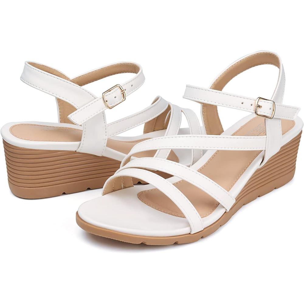 imageSHIBEVER Wedge Sandals for Women Dressy Summer Low Wedges Womens Comfortable Open Toe Sandal54 White