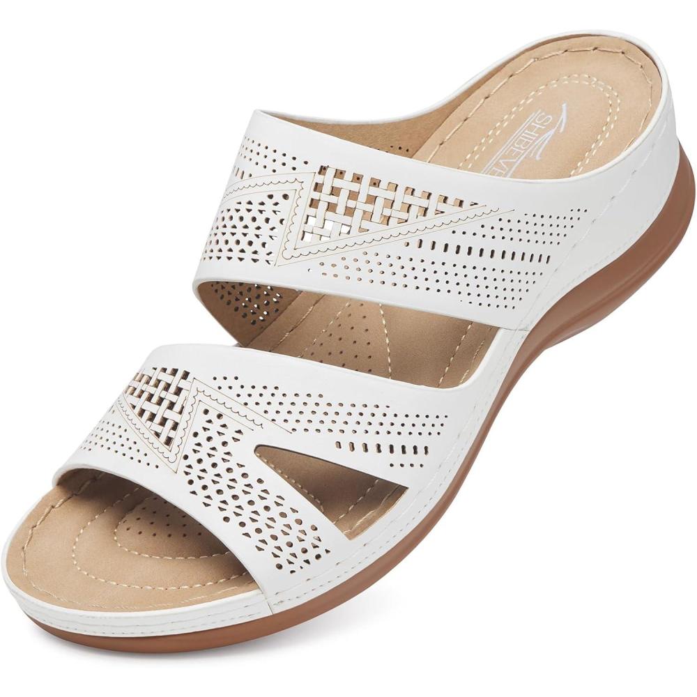 imageSHIBEVER Wedge Sandals for Women Dressy Summer Walking Sandals Woman Comfortable  Slip On Casual Open Toe Hollow Out Low Wedge Shoes3107 White