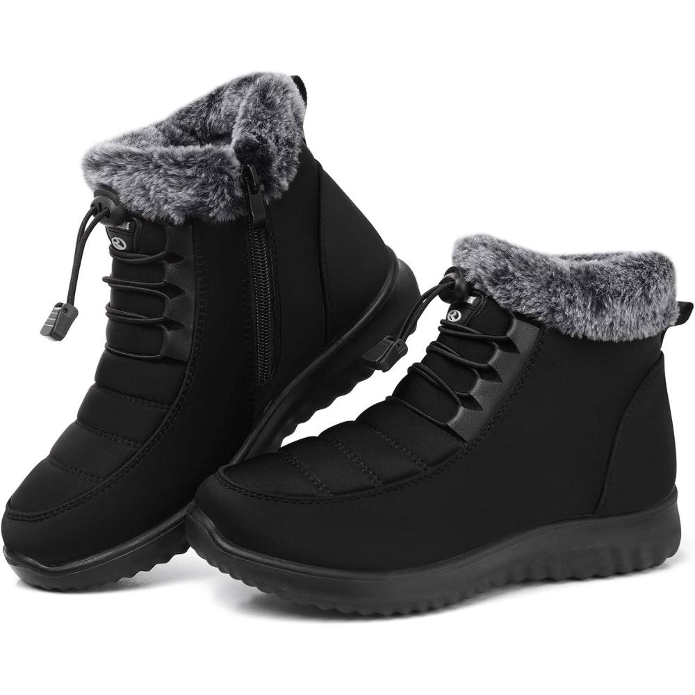 imageSHIBEVER Winter Boots for Women Snow Fur Lined Warm Ankle Boots  Adjustable Water Resistant Outdoor Zipper Snow ShoesBlack