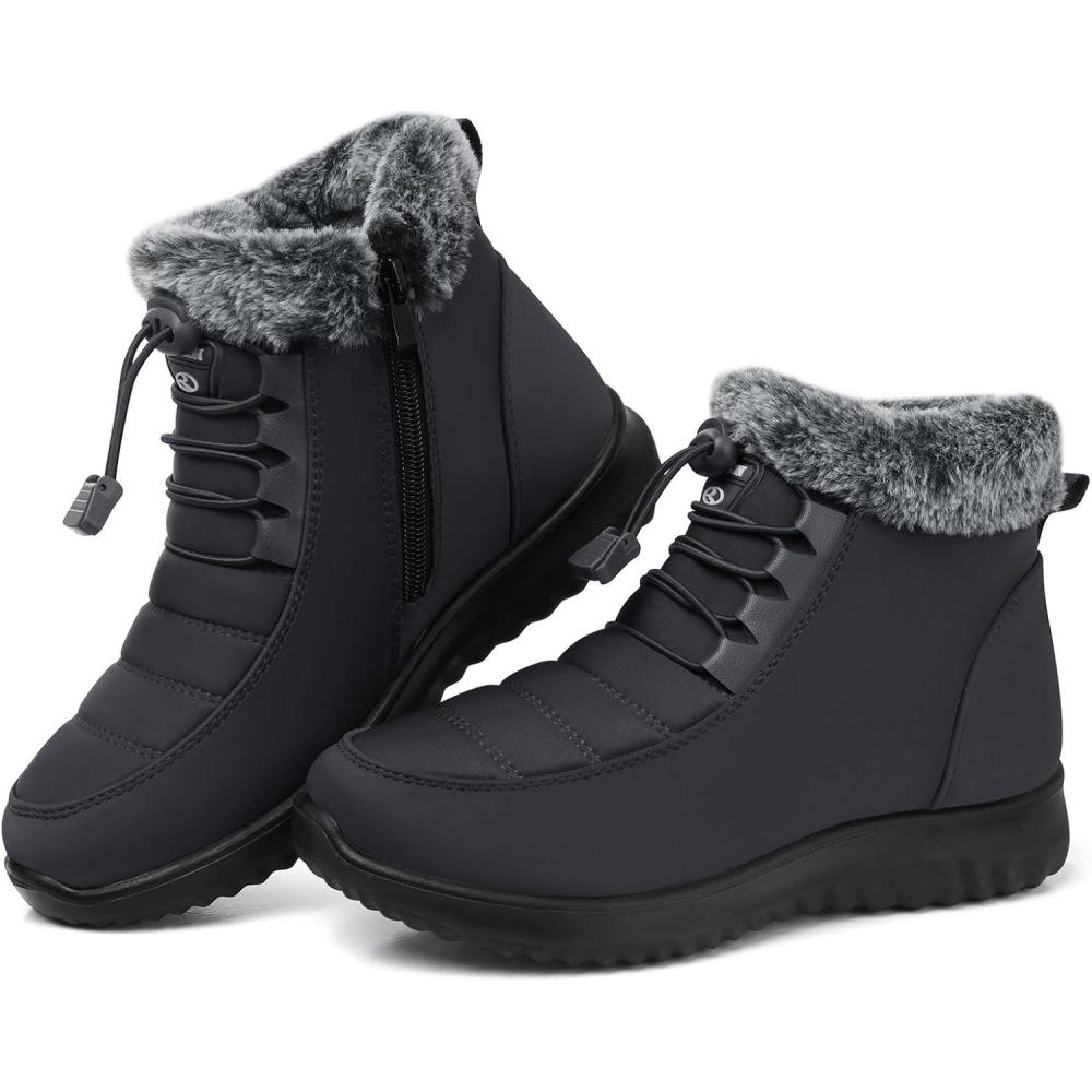 imageSHIBEVER Winter Boots for Women Snow Fur Lined Warm Ankle Boots  Adjustable Water Resistant Outdoor Zipper Snow ShoesGrey