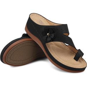 SHIBEVER Wedge Sandals for Women Dressy: Comfortable Sandals for Women – Summer Casual Walking Slip On Split Toe Wedges(55black)