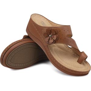 SHIBEVER Wedge Sandals for Women Dressy: Comfortable Sandals for Women – Summer Casual Walking Slip On Split Toe Wedges(55brown)