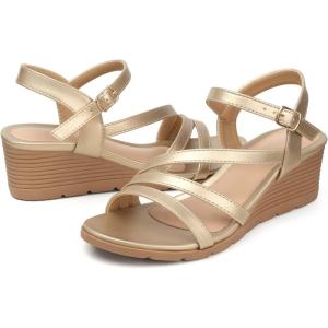 SHIBEVER Wedge Sandals for Women Dressy: Summer Low Wedges Womens Comfortable Open Toe Sandal(54 Champagne)