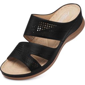 SHIBEVER Wedge Sandals for Women Dressy: Summer Walking Sandals Woman Comfortable – Slip On Casual Open Toe Hollow Out Low Wedge Shoes(3107 Black)