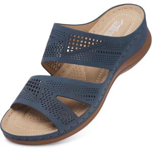 SHIBEVER Wedge Sandals for Women Dressy: Summer Walking Sandals Woman Comfortable – Slip On Casual Open Toe Hollow Out Low Wedge Shoes(3107 Dark Blue)