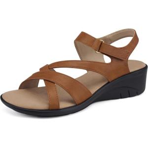 SHIBEVER Wedge Sandals for Women Dressy: Womens Sandals Comfortable – Summer Open Toe Casual Walking Low Wedges(34-brown)