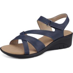SHIBEVER Wedge Sandals for Women Dressy: Womens Sandals Comfortable – Summer Open Toe Casual Walking Low Wedges(34-dark Blue)