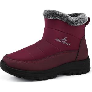SHIBEVER Winter Boots for Women Snow: Fur Lined Warm Ankle Boots – Adjustable Water Resistant Outdoor Zipper Snow Shoes(070-red)