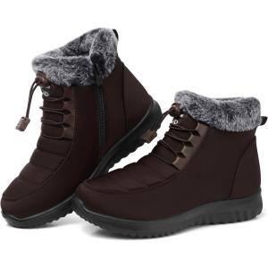 SHIBEVER Winter Boots for Women Snow: Fur Lined Warm Ankle Boots – Adjustable Water Resistant Outdoor Zipper Snow Shoes(Brown)