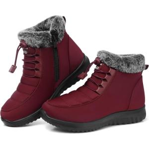 SHIBEVER Winter Boots for Women Snow: Fur Lined Warm Ankle Boots – Adjustable Water Resistant Outdoor Zipper Snow Shoes(Red)
