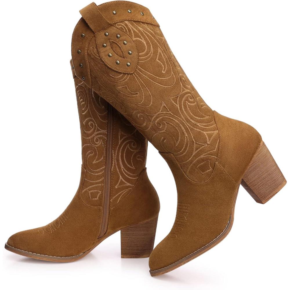imageSHIBEVER Cowboy Cowgirl Boots for Women Wide Calf Western Pointed Toe Chunky Heel Suede Embroidered Mid Calf BootBrown