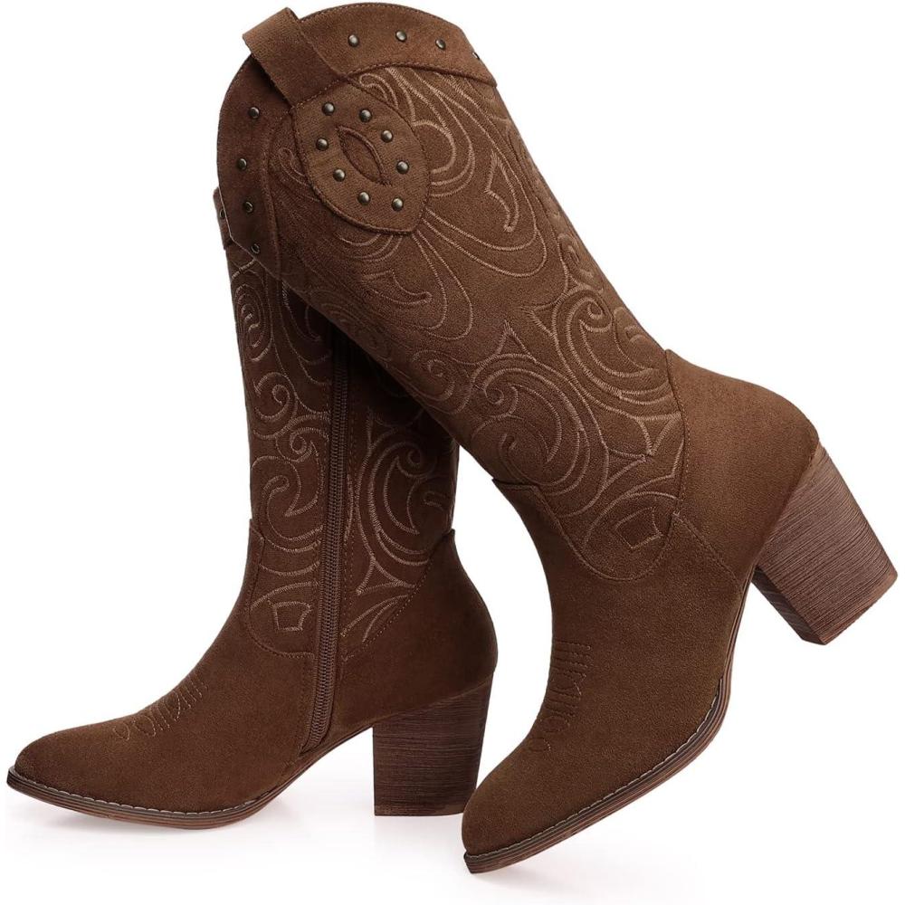 imageSHIBEVER Cowboy Cowgirl Boots for Women Wide Calf Western Pointed Toe Chunky Heel Suede Embroidered Mid Calf BootDark Brown