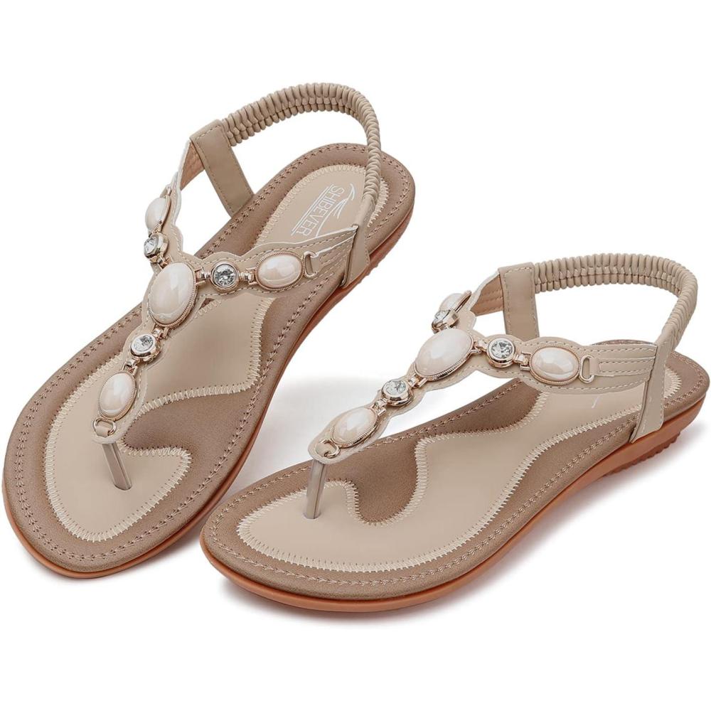 imageSHIBEVER Flat Sandals for Women Dressy Summer Comfortable Dress Thong Flats Sandal1897 Beige