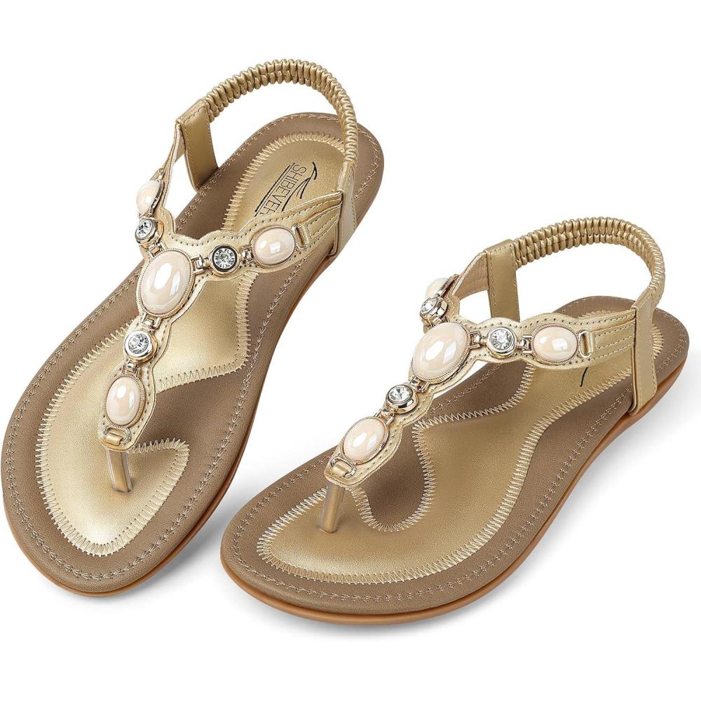 imageSHIBEVER Flat Sandals for Women Dressy Summer Comfortable Dress Thong Flats Sandal1897 Gold