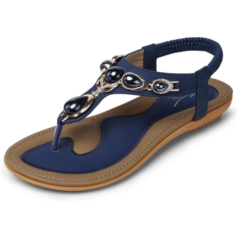 imageSHIBEVER Flat Sandals for Women Dressy Summer Comfortable Dress Thong Flats Sandal1969 Navy Blue