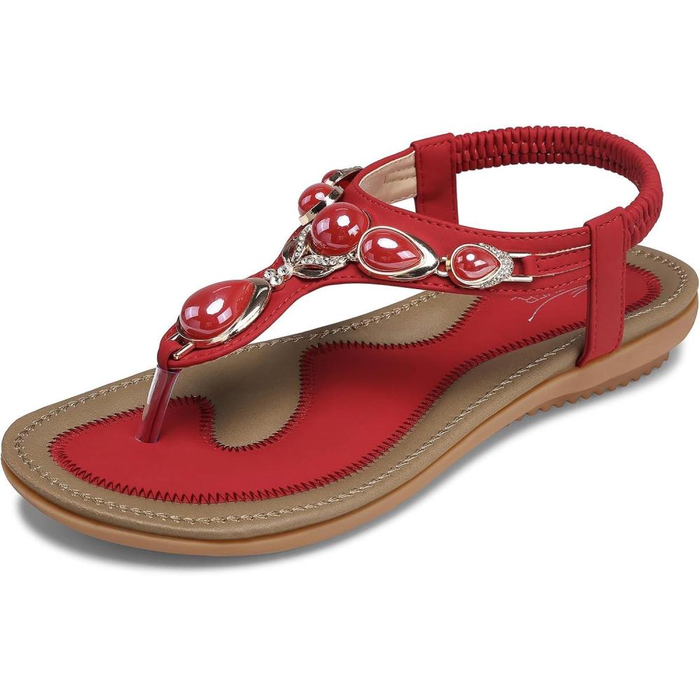 imageSHIBEVER Flat Sandals for Women Dressy Summer Comfortable Dress Thong Flats Sandal1969 Red