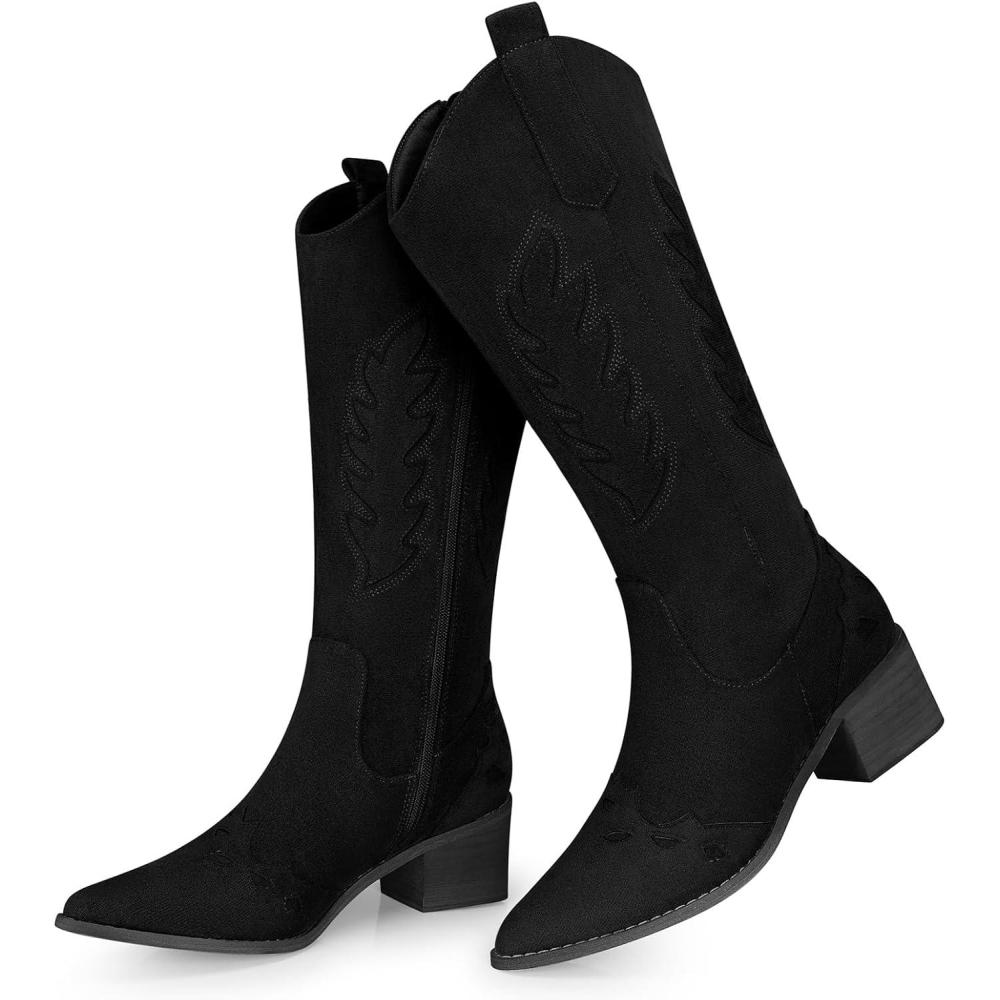 imageSHIBEVER Suede Knee High Cowboy Boots for Women Comfortable Tall Cowgirl Boots Zipper Low Heel Fall Winter Western Booties2679all Black