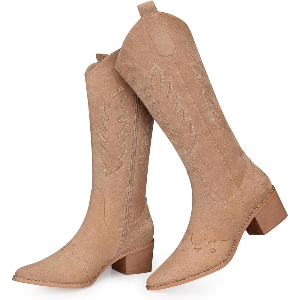 imageSHIBEVER Suede Knee High Cowboy Boots for Women Comfortable Tall Cowgirl Boots Zipper Low Heel Fall Winter Western Booties2679khaki