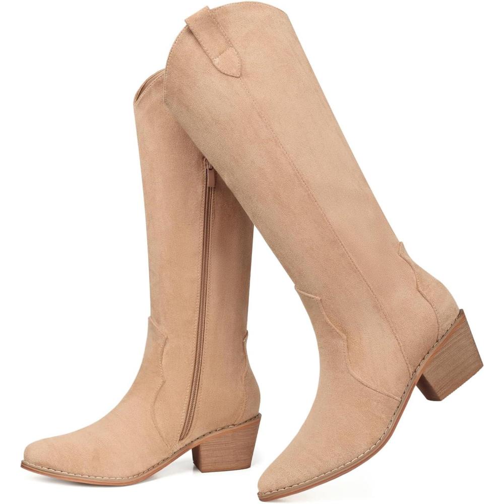 imageSHIBEVER Suede Knee High Cowboy Boots for Women Comfortable Tall Cowgirl Boots Zipper Low Heel Fall Winter Western Booties2696apricot