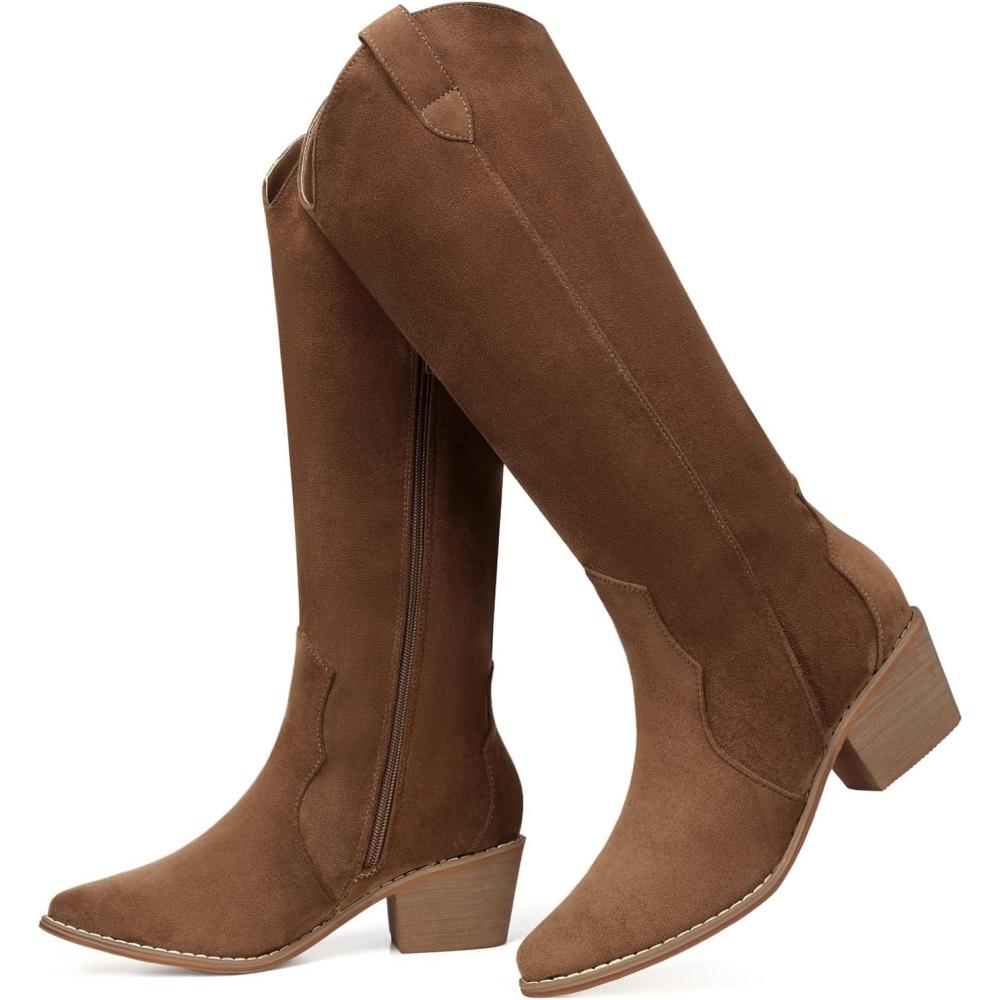 imageSHIBEVER Suede Knee High Cowboy Boots for Women Comfortable Tall Cowgirl Boots Zipper Low Heel Fall Winter Western Booties2696brown