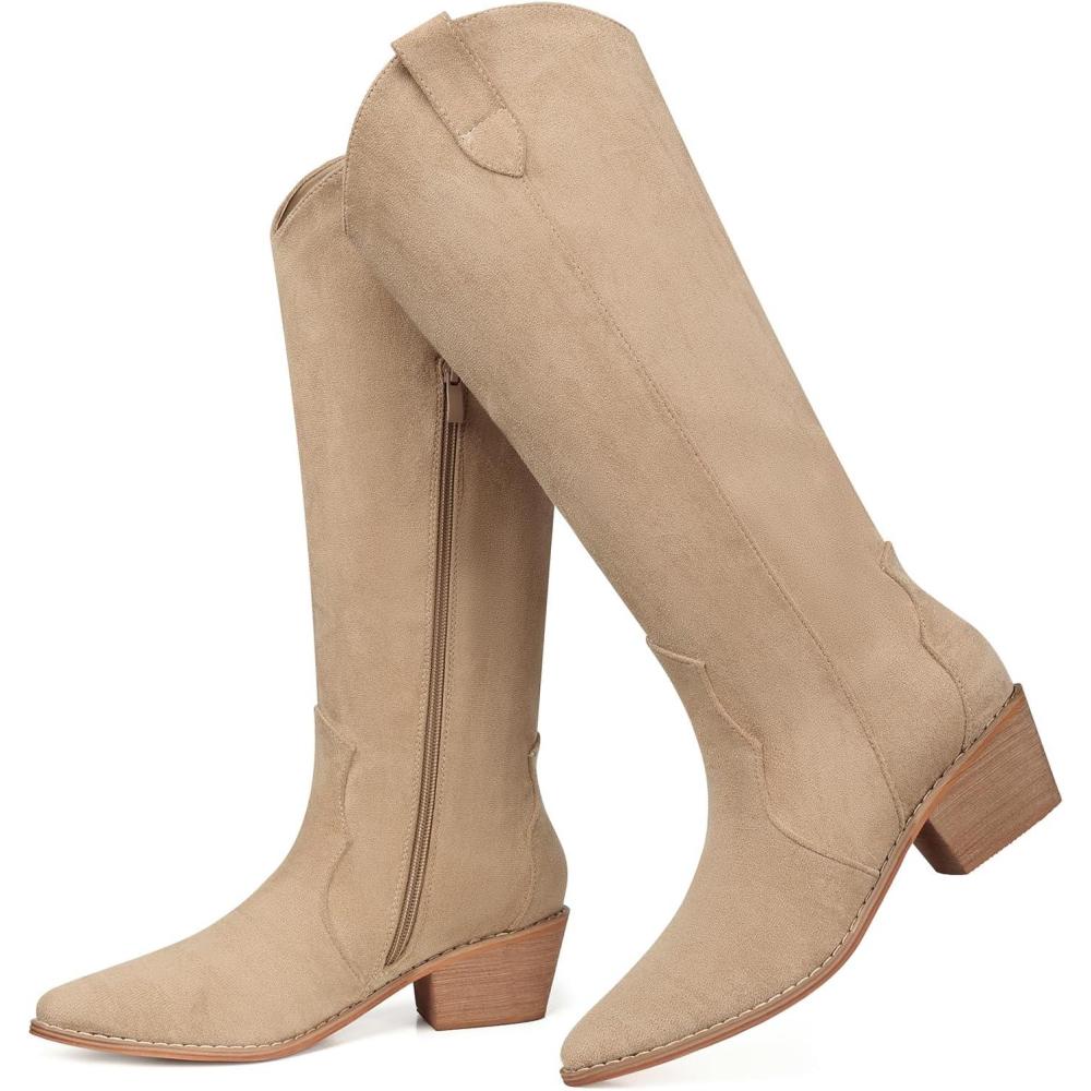 imageSHIBEVER Suede Knee High Cowboy Boots for Women Comfortable Tall Cowgirl Boots Zipper Low Heel Fall Winter Western Booties2696khaki