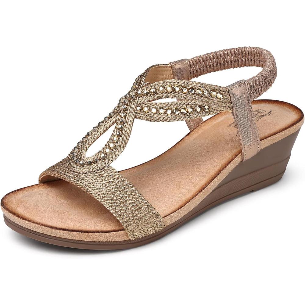 imageSHIBEVER Wedge Sandals for Women Dressy Summer Low Wedges Comfortable Open Toe Sandals38 Champagne