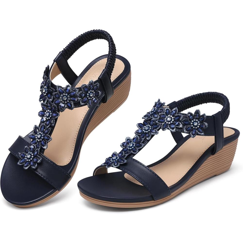imageSHIBEVER Wedge Sandals for Women Dressy Summer Platform Comfortable Low Wedges Womens SandalBlue