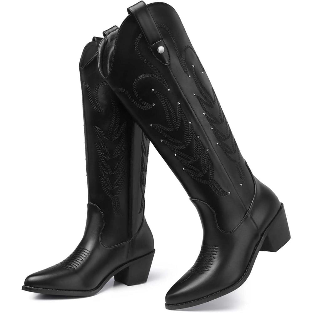imageSHIBEVER Womens Cowgirl Boots KneeHigh Black Womens Wide Calf Boots Pointed Toe Pull On Metallic Long Comfortable Leather Cute Boot Size 9