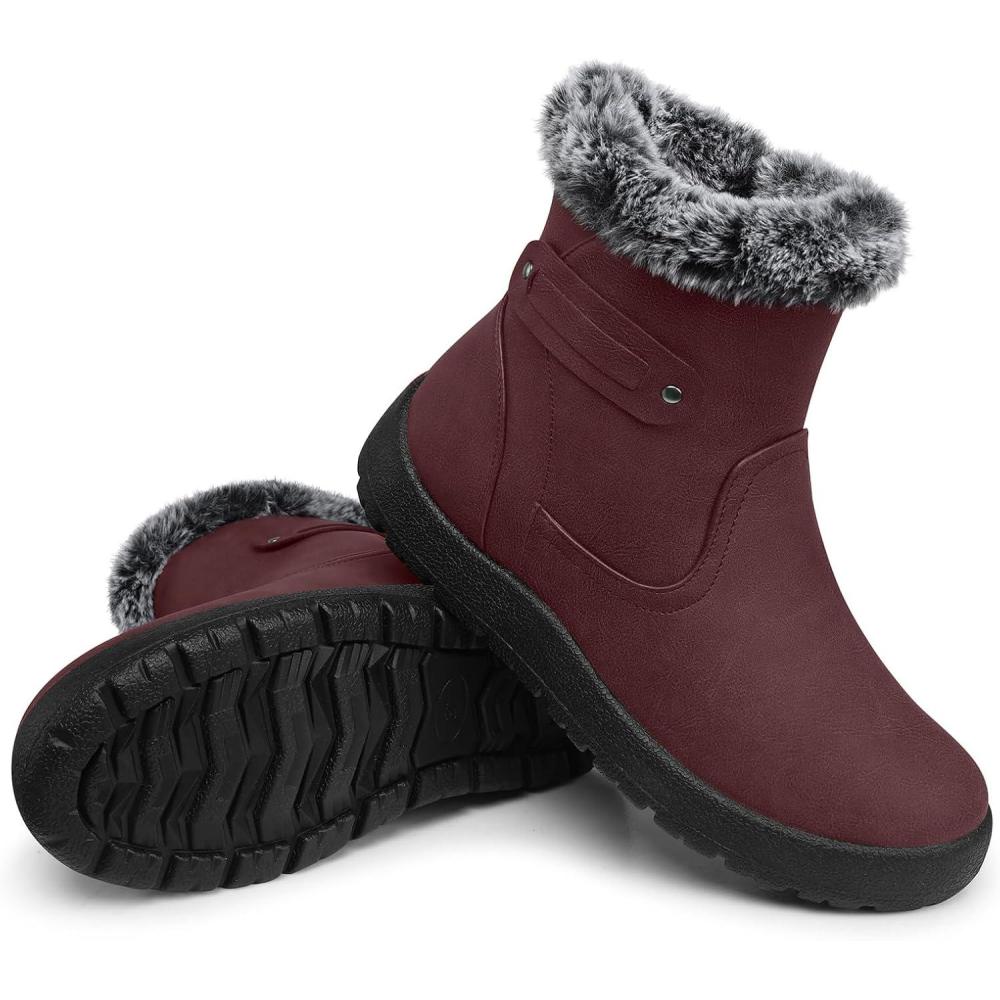 imageSHIBEVER Womens Snow Boots Winter Fur Lined Waterproof AntiSlip Booties Women Ankle Snow BootsRed
