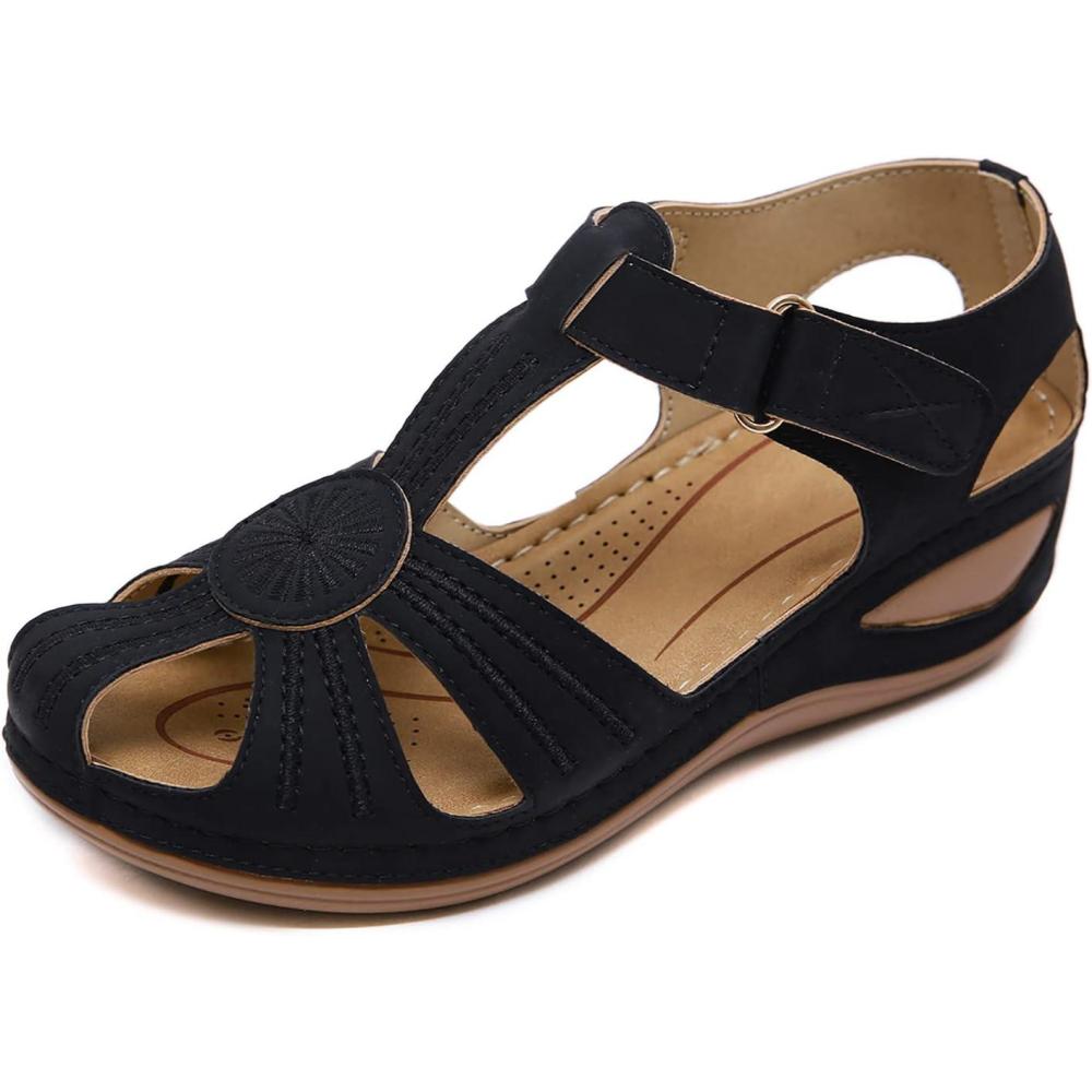 imageSHIBEVER Womens Wedge Sandals Summer Closed Toe Sandals for Women Platform Dressy Wedge Size 51116 Black