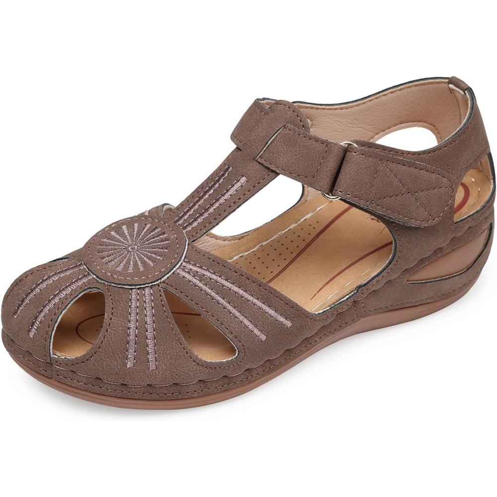 imageSHIBEVER Womens Wedge Sandals Summer Closed Toe Sandals for Women Platform Dressy Wedge Size 51116 Burgundy