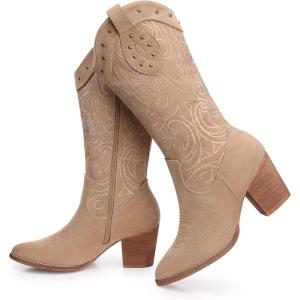 SHIBEVER Cowboy Cowgirl Boots for Women: Wide Calf Western Pointed Toe Chunky Heel Suede Embroidered Mid Calf Boot(Apricot)