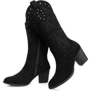 SHIBEVER Cowboy Cowgirl Boots for Women: Wide Calf Western Pointed Toe Chunky Heel Suede Embroidered Mid Calf Boot(Black)