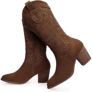 SHIBEVER Cowboy Cowgirl Boots for Women: Wide Calf Western Pointed Toe Chunky Heel Suede Embroidered Mid Calf Boot(Dark Brown)