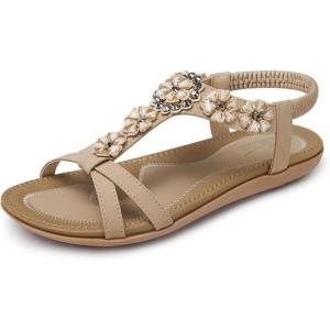 SHIBEVER Flat Sandals for Women Dressy: Summer Comfortable Ankle Strap Womens Sandal(239 Apricot)