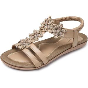 SHIBEVER Flat Sandals for Women Dressy: Summer Comfortable Ankle Strap Womens Sandal(72 Apricot)