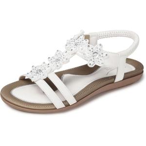 SHIBEVER Flat Sandals for Women Dressy: Summer Comfortable Ankle Strap Womens Sandal(72 White)