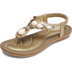 SHIBEVER Flat Sandals for Women Dressy: Summer Comfortable Dress Thong Flats Sandal(1969 Gold)