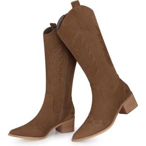 SHIBEVER Suede Knee High Cowboy Boots for Women Comfortable Tall Cowgirl Boots Zipper Low Heel Fall Winter Western Booties(2679-brown)