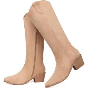 SHIBEVER Suede Knee High Cowboy Boots for Women Comfortable Tall Cowgirl Boots Zipper Low Heel Fall Winter Western Booties(2696-apricot)