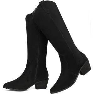 SHIBEVER Suede Knee High Cowboy Boots for Women Comfortable Tall Cowgirl Boots Zipper Low Heel Fall Winter Western Booties(2696-black)