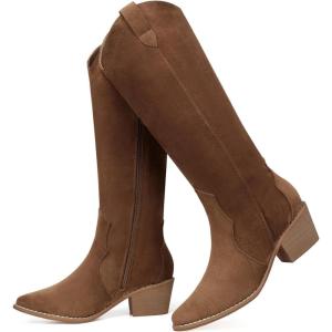 SHIBEVER Suede Knee High Cowboy Boots for Women Comfortable Tall Cowgirl Boots Zipper Low Heel Fall Winter Western Booties(2696-brown)