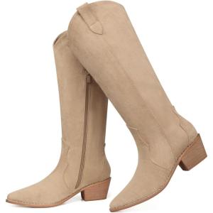 SHIBEVER Suede Knee High Cowboy Boots for Women Comfortable Tall Cowgirl Boots Zipper Low Heel Fall Winter Western Booties(2696-khaki)