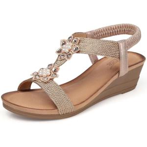 SHIBEVER Wedge Sandals for Women Dressy: Summer Low Wedges Comfortable Open Toe Sandals(55 Champagne)