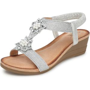 SHIBEVER Wedge Sandals for Women Dressy: Summer Low Wedges Comfortable Open Toe Sandals(55 Silver)