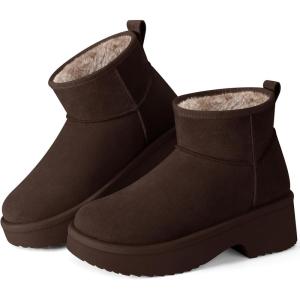 SHIBEVER Winter Ankle Boots Women Platform Suede Snow Booties Warm Fur Anti-Slip Waterproof Comfortable Outdoor Shoes(Brown)